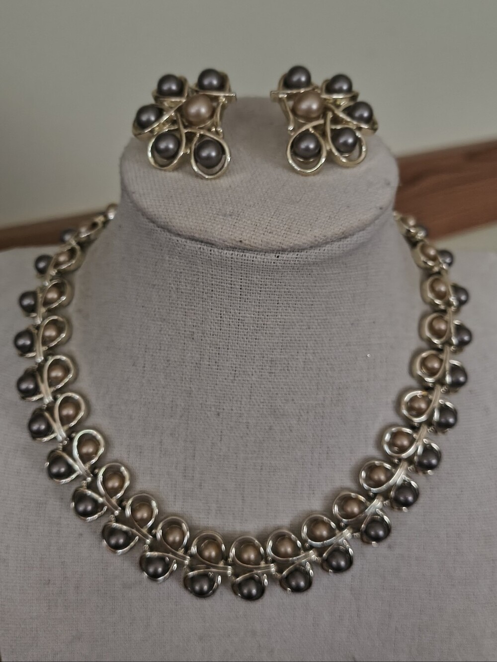 Vtg MCM Demi Parure Bogoff Faux Pearl Necklace And Matching Clip Earrings Set